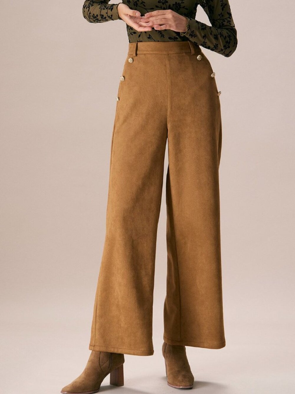 Brown High Waisted Suede Straight Pants with Gold Buttons - Brown - RIHOAS